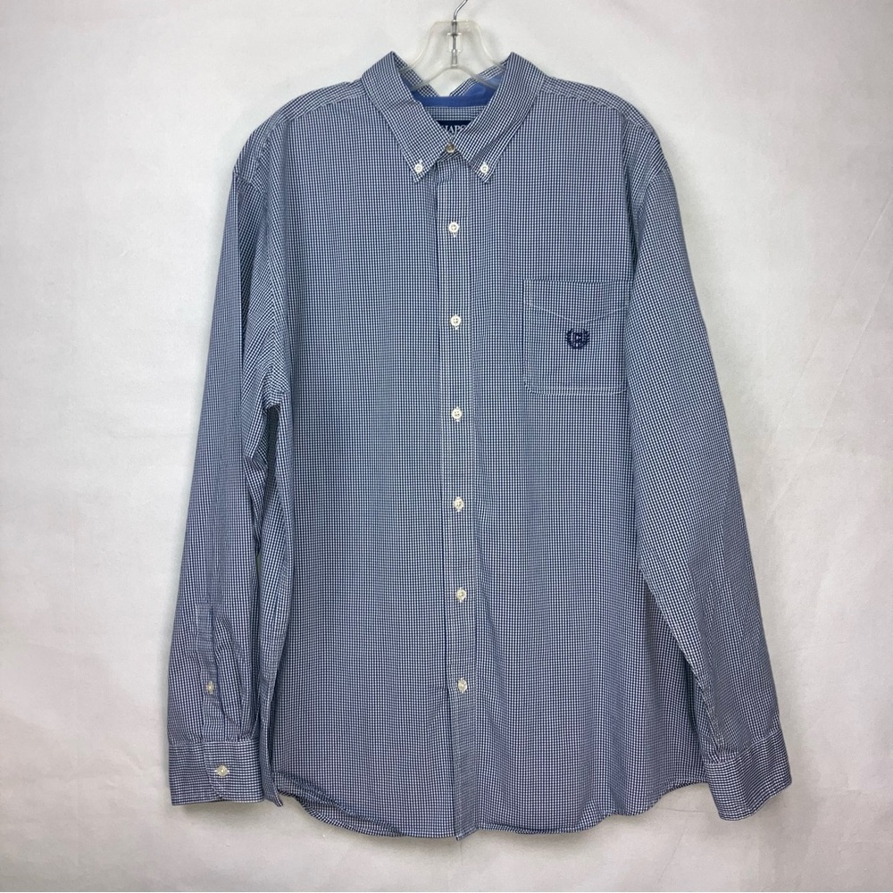 Chaps Easy Care Shirt Men's 2XL XXL Checkered Long Sleeve Button Down White Blue